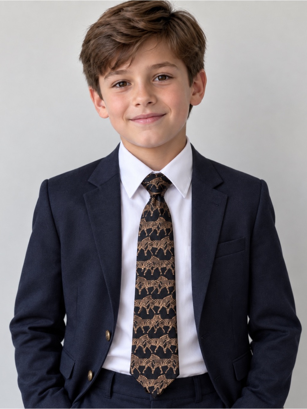 NWT Boys Necktie Crewcuts 100% Silk Black and Brown Zebra Motif Silk Tie